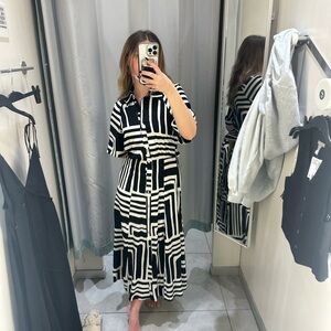 NWT H&M Black & White Abstract Print Maxi Tie Button Dress XS